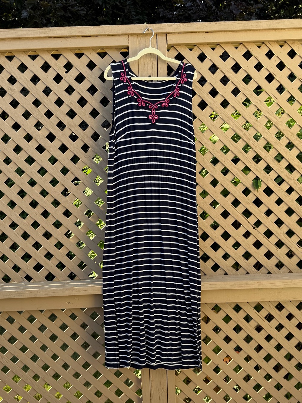 Talbots Navy & White Striped Maxi Dress with Pink Embroidery
